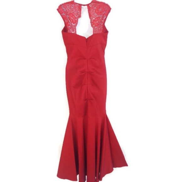 Red Hot Gown Cindy USA Body Con Lace Flare Mermaid Peplum Stretch Vintage XL - Picture 2 of 6